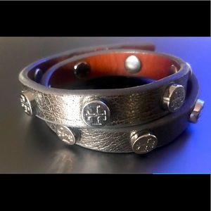 TORY BURCH leather wrap bracelet with logo studs. Pewter gray. Never worn.
